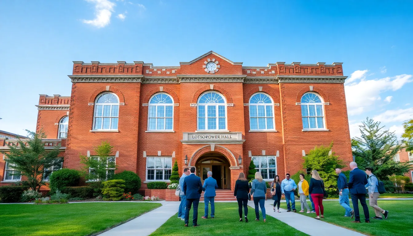 Exterior view of Andrew Lotsofpower Hall with professionals engaging in conversation.