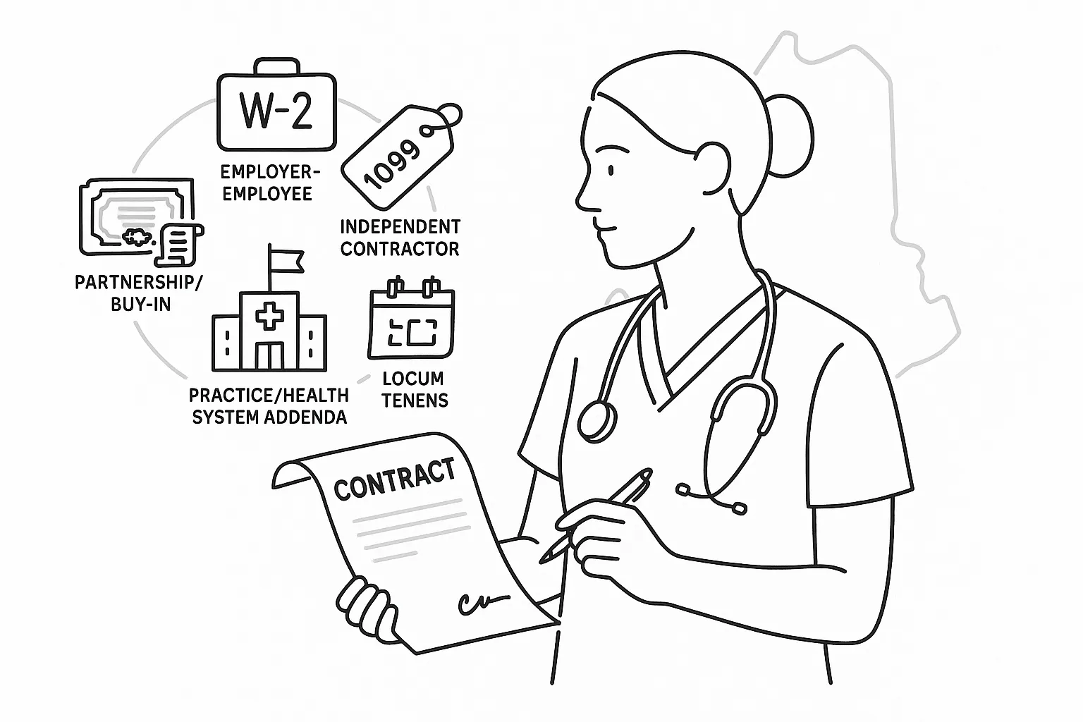 Nurse practitioner reviewing a contract surrounded by icons for five agreement types of Maine Nurse Practitioner Contract Review.