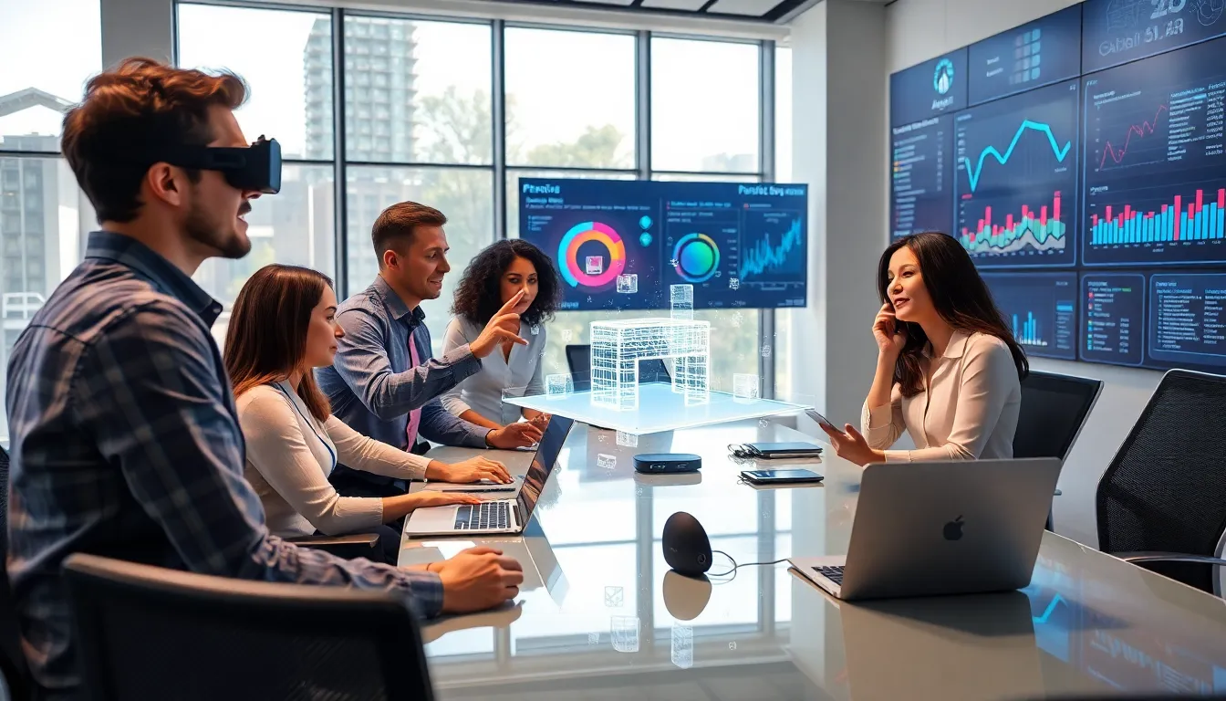 diverse professionals using AR technology in a modern office.