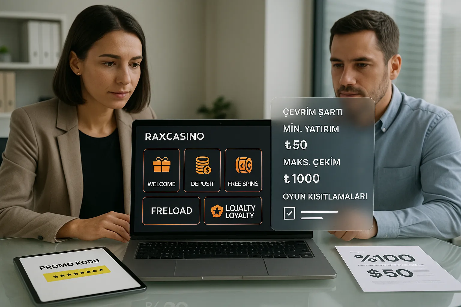 Professionals reviewing Raxcasino promo code types and terms on a laptop.