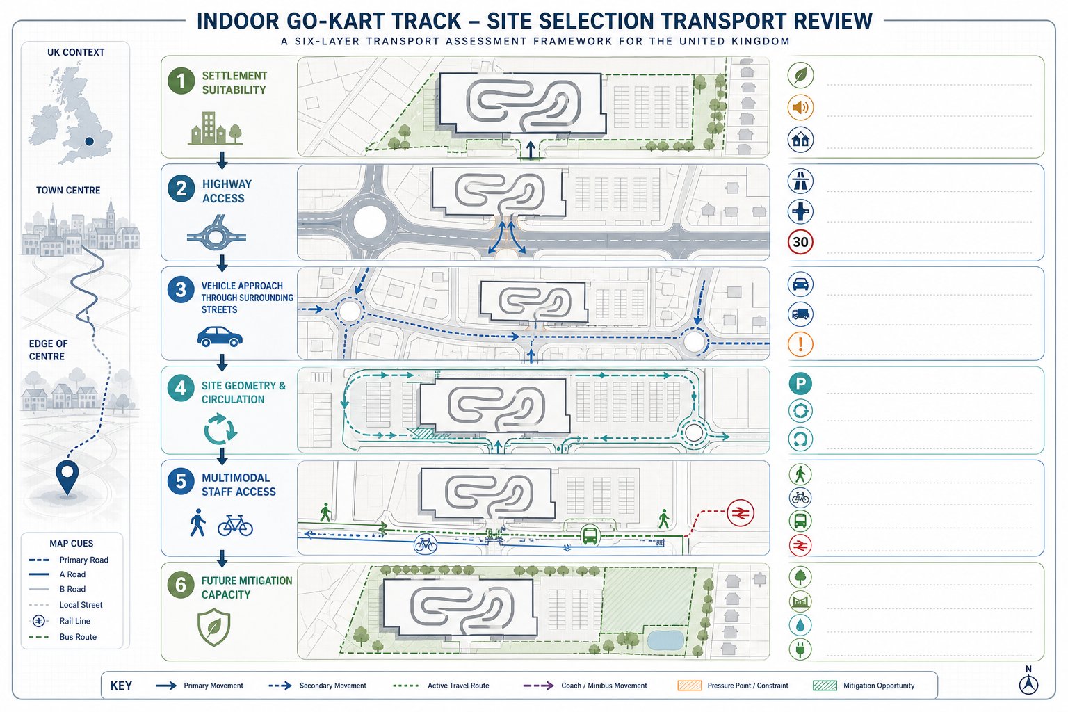 Infographic showing transport site checks for a UK indoor go-kart venue.
