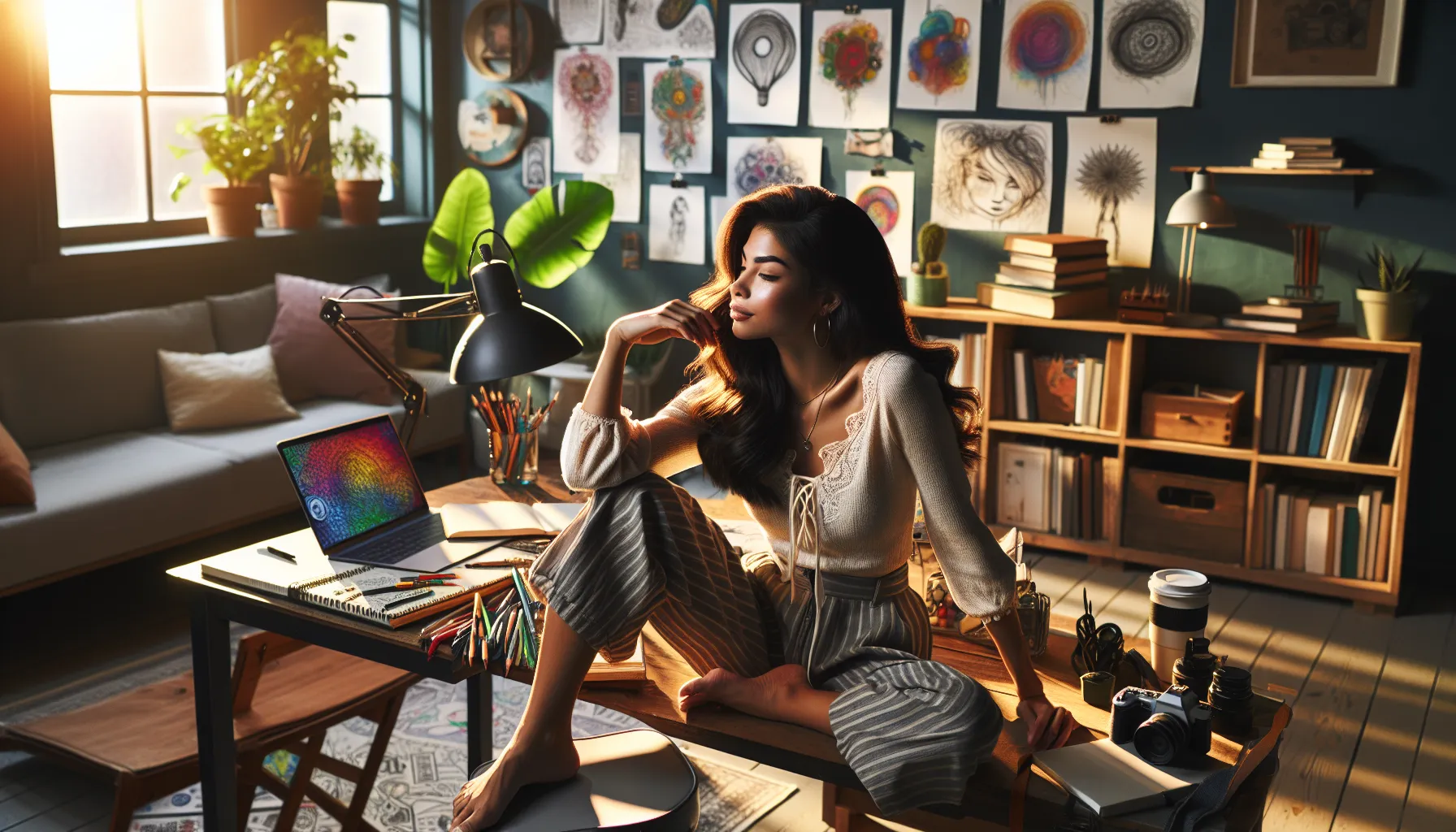 Young woman reflecting in a creative workspace filled with art and inspiration.
