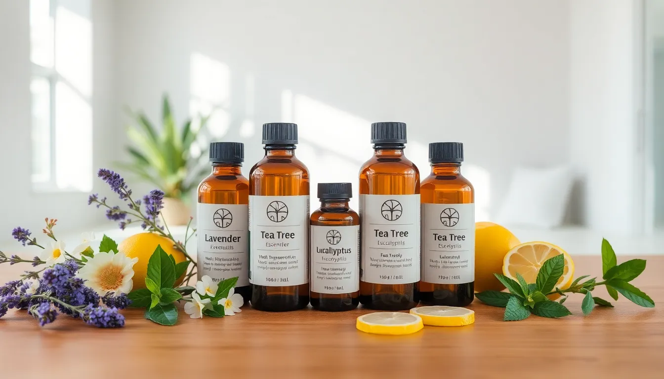 Essential oil bottles with Australian botanicals in a modern studio setting.