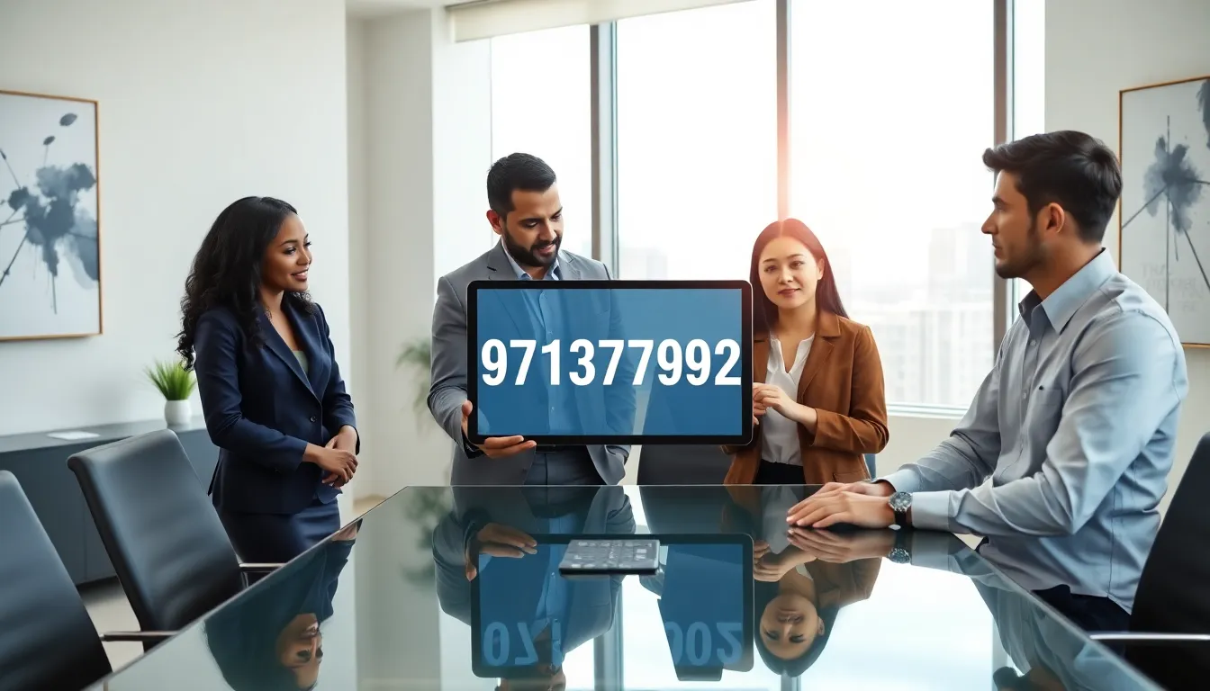 diverse professionals discussing a digital tablet displaying the number 9713179192.