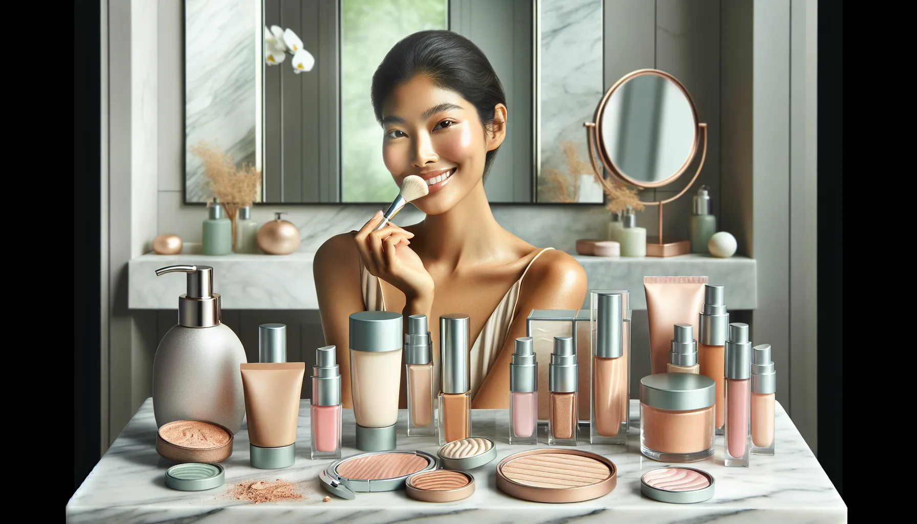woman applying lightweight summer makeup in a bright bathroom.