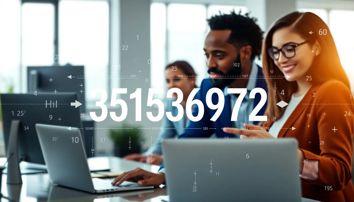 digital interface showcasing the number 3515369672 in a modern office.
