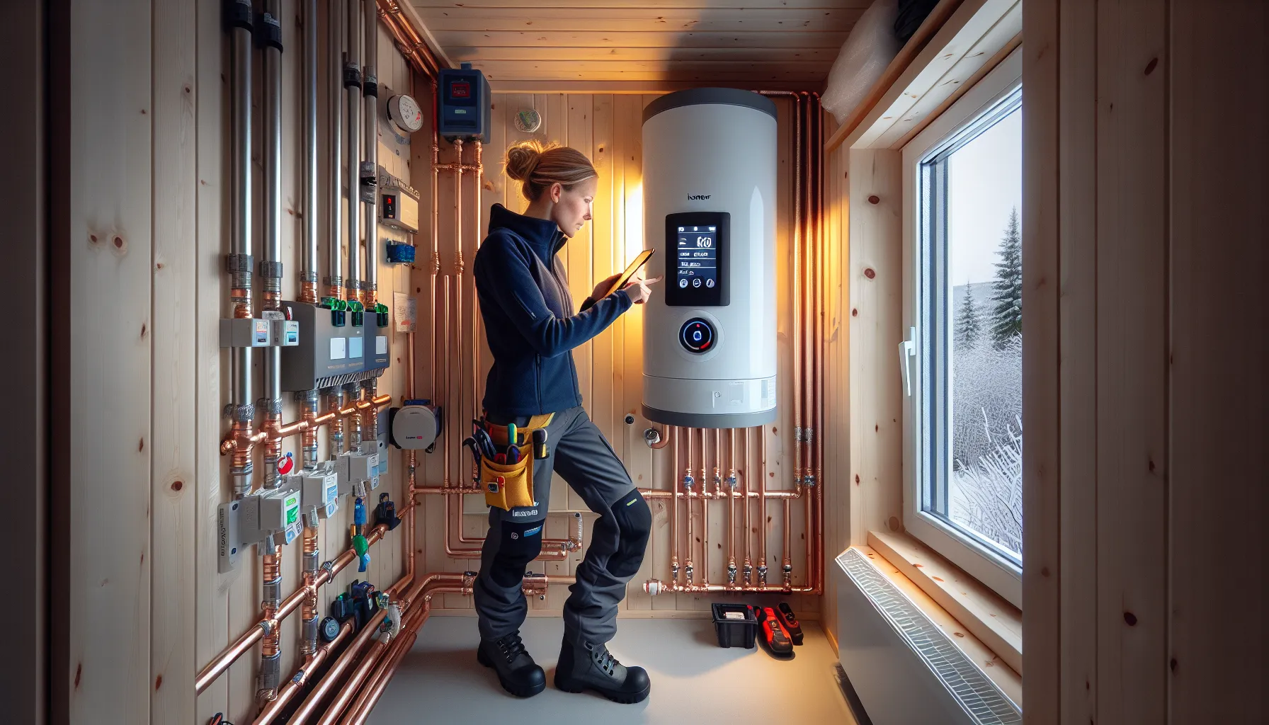 Engineer adjusts smart heating zones beside heat pump water heater and manifold.