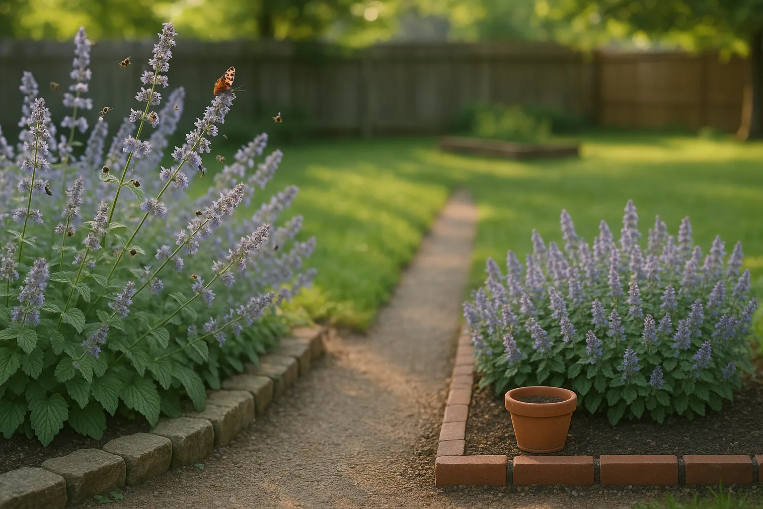 Side-by-side Six Hills Giant tall Nepeta and low, tidy Walker’s Low in garden