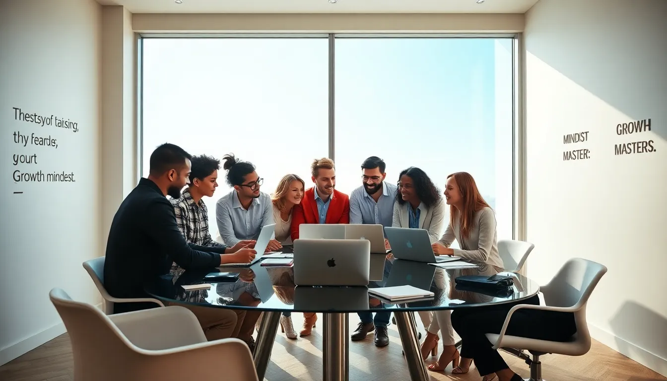 diverse team discussing growth mindset in a modern office setting.