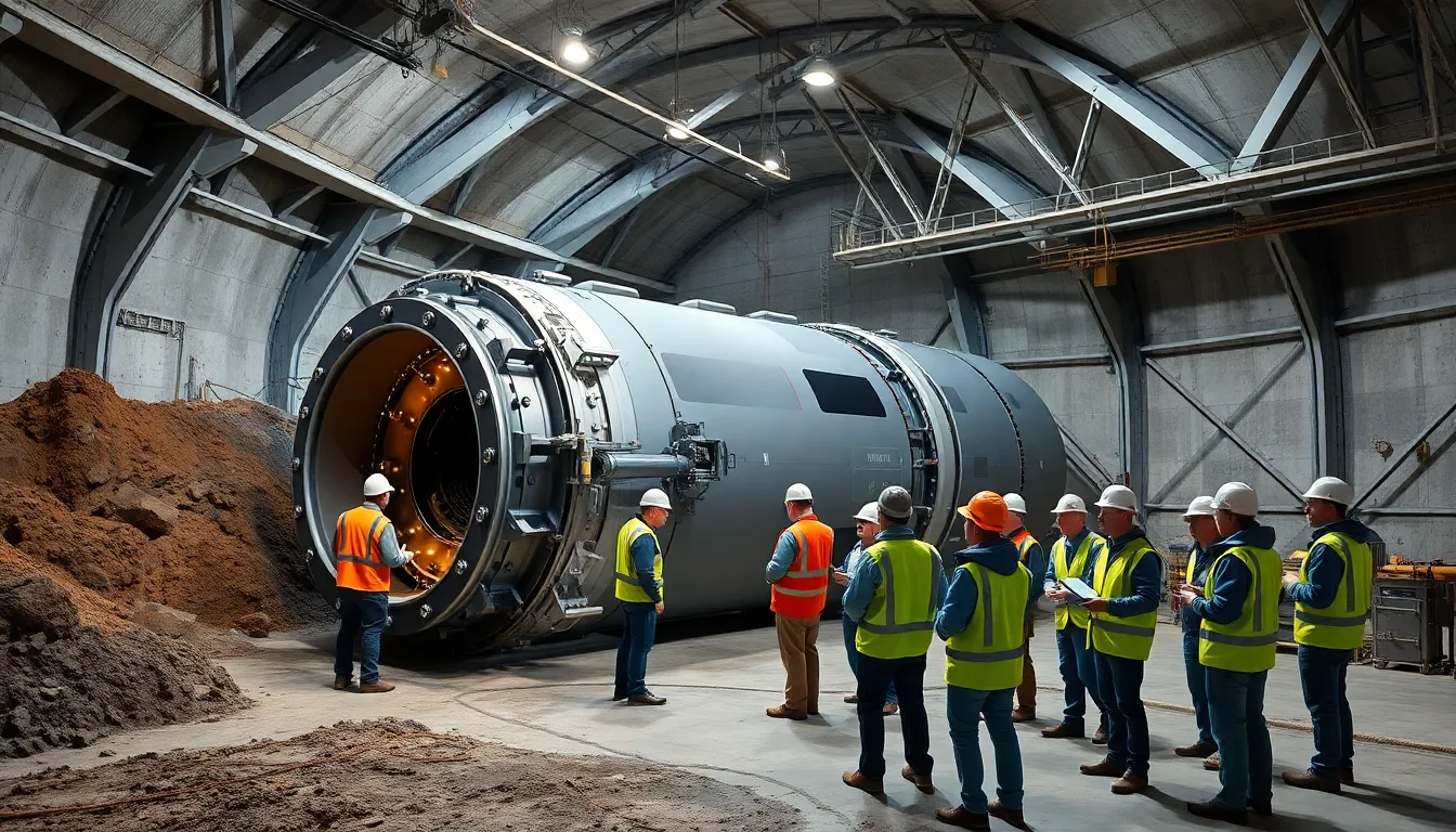 tunnel construction site with advanced tunnelling machine and engineers.