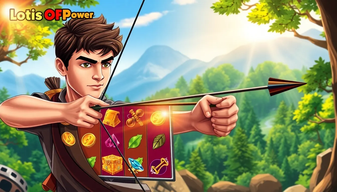 an archer aiming at a colorful slot machine in a forest setting.