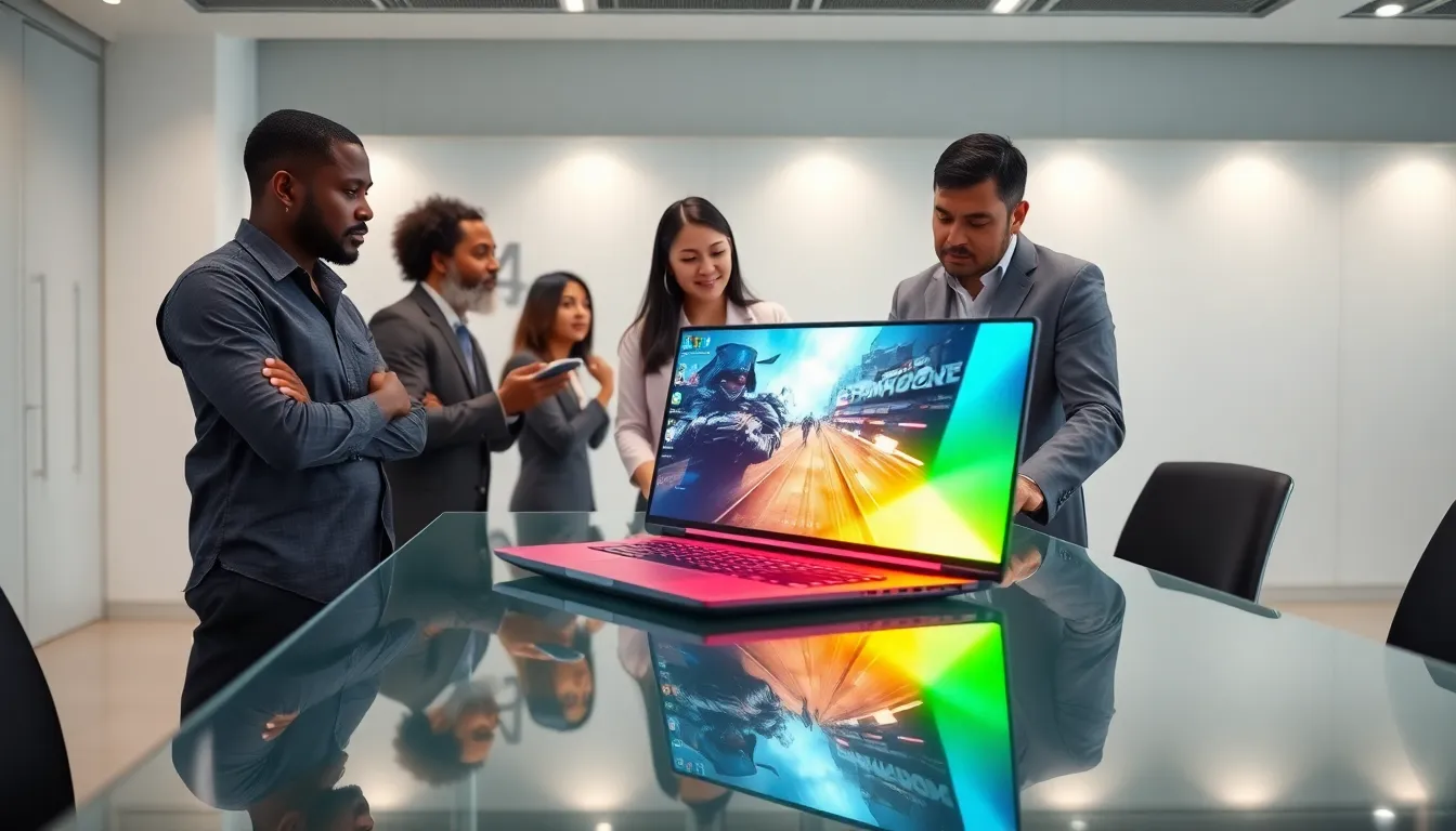 diverse team collaborating over a high-performance gaming laptop.
