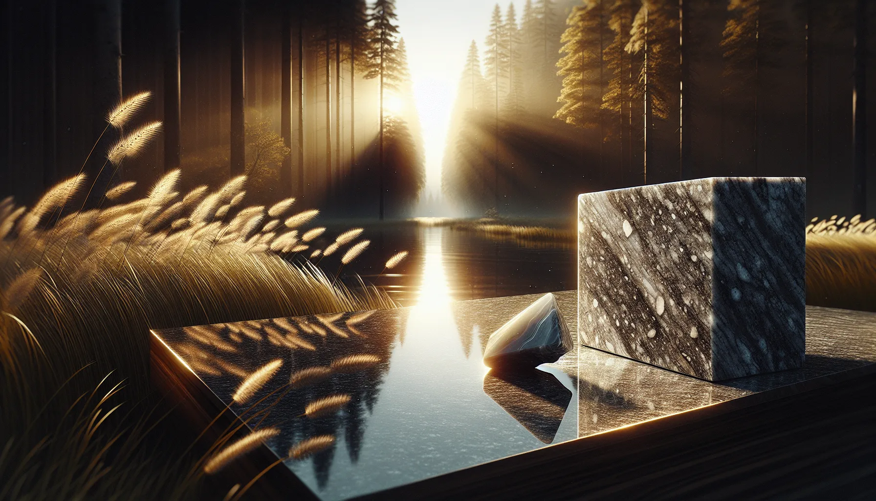 A polished granite slab beside an engineered quartz sample in a natural setting.