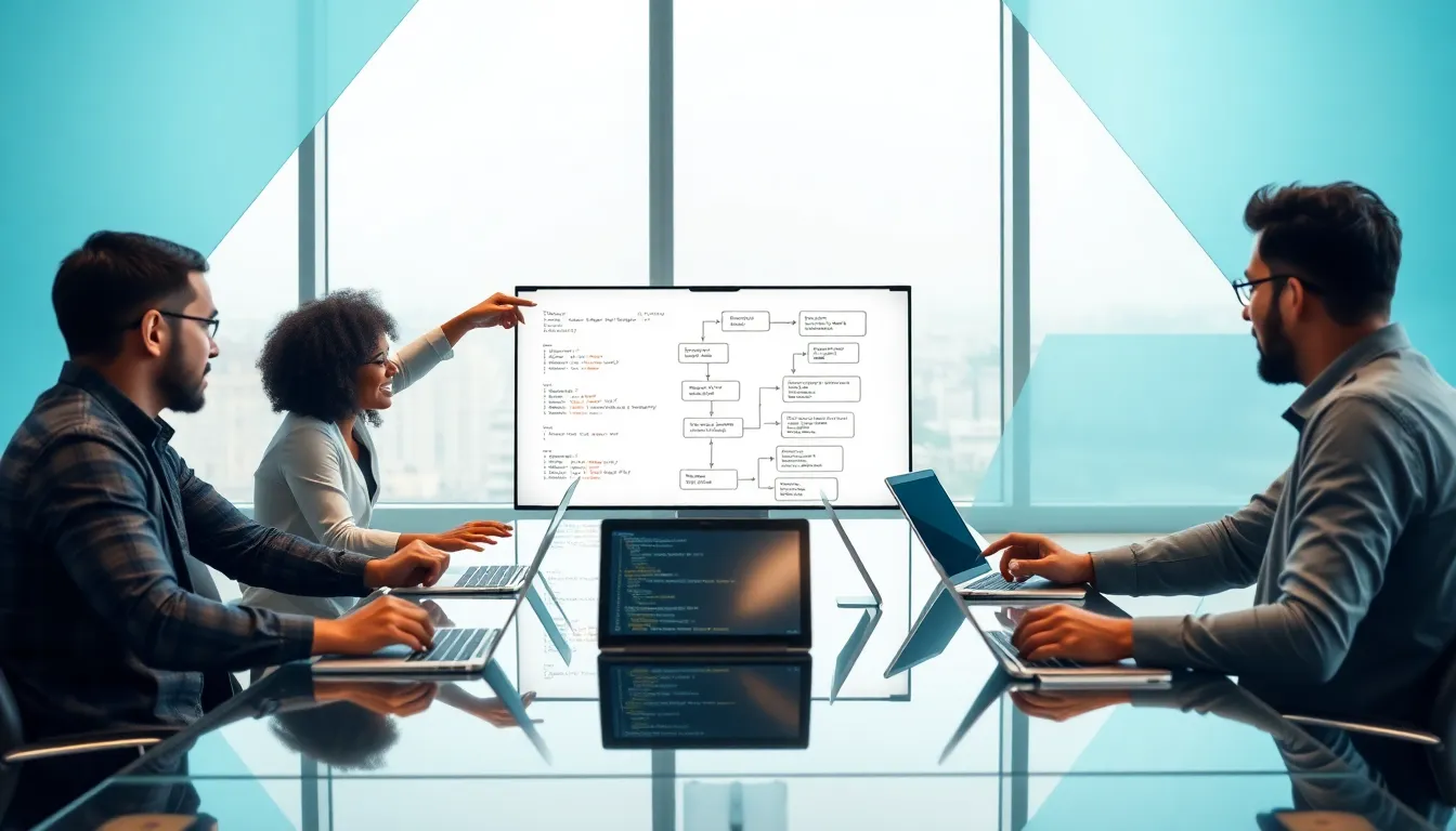 diverse developers collaborating over Java programming concepts in a modern office.