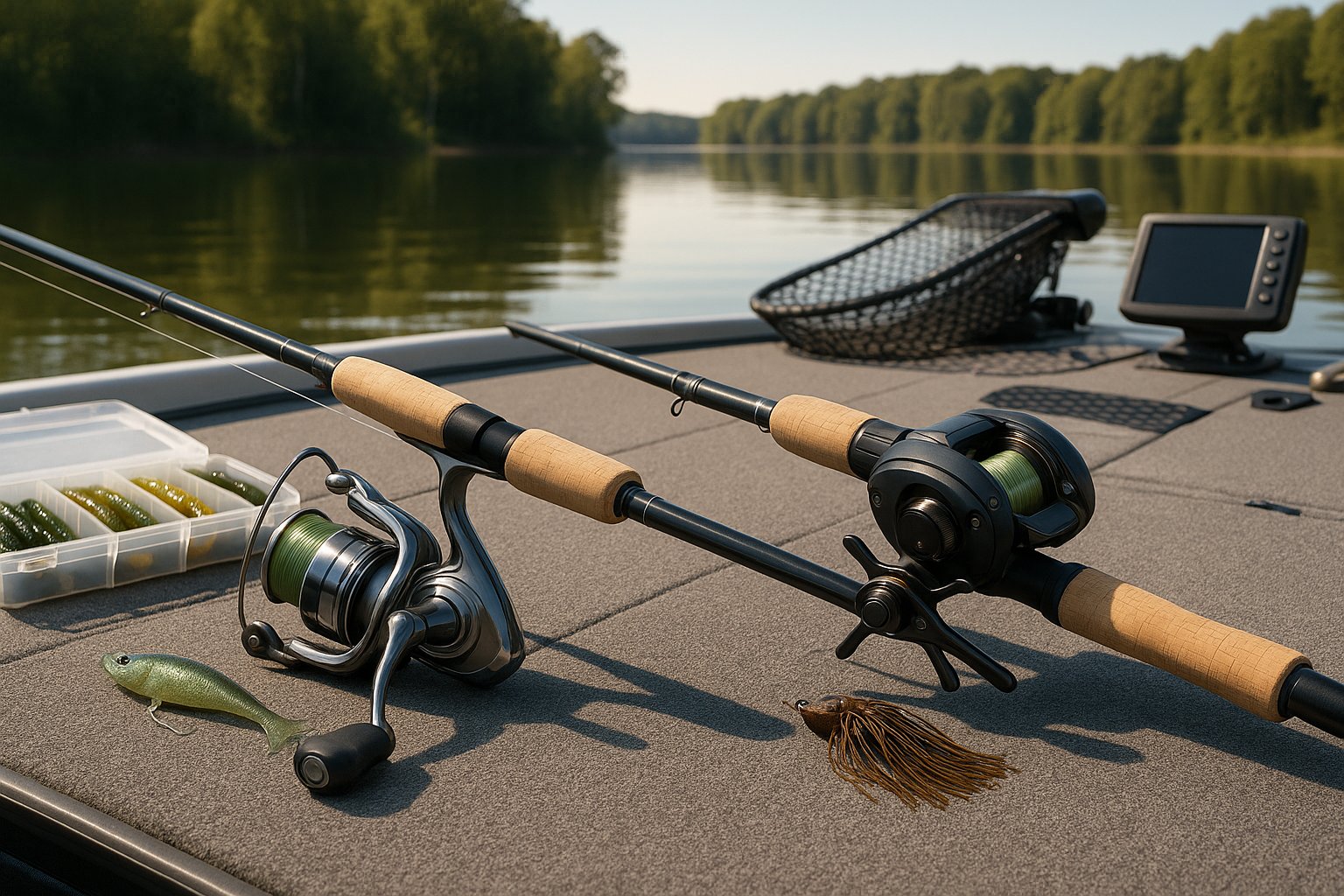 Spinning and baitcasting reels side by side on a fishing boat deck.