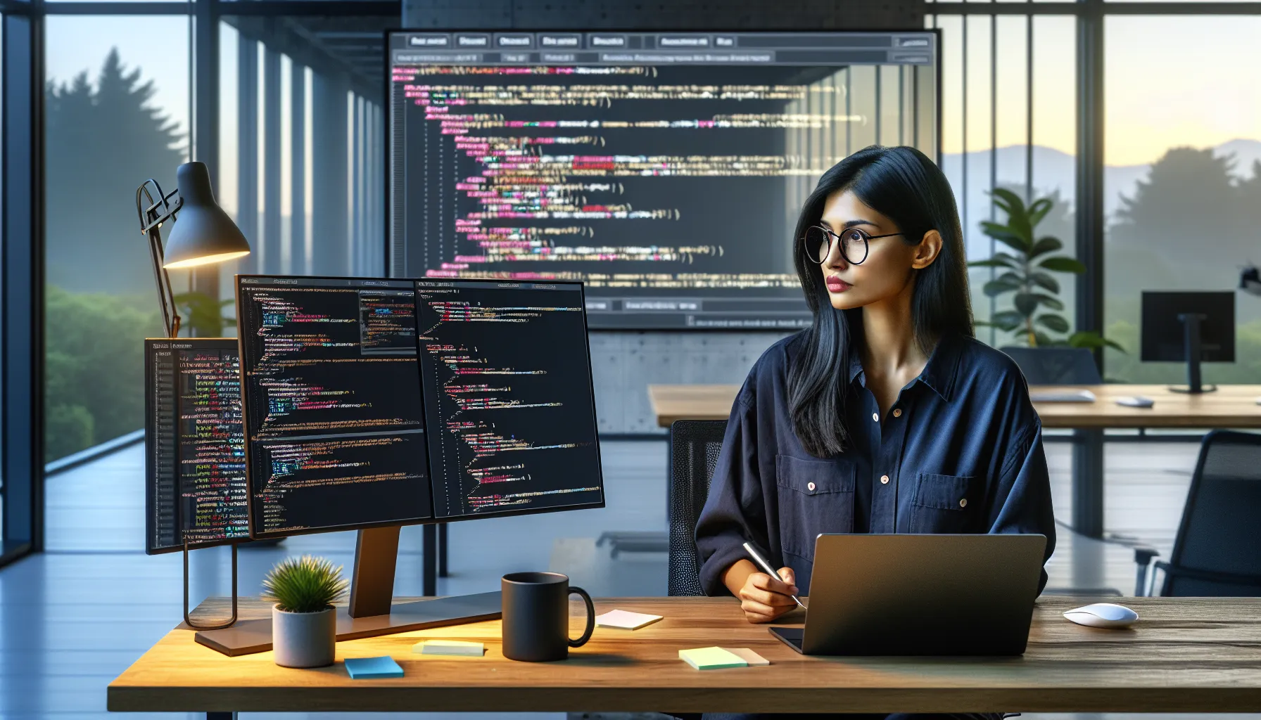 Security engineer analyzing smart contract code for vulnerabilities on multiple computer monitors.