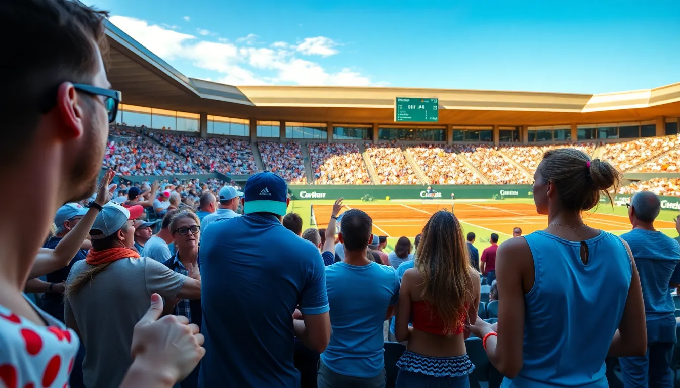 fans celebrating a tennis match in a modern stadium.