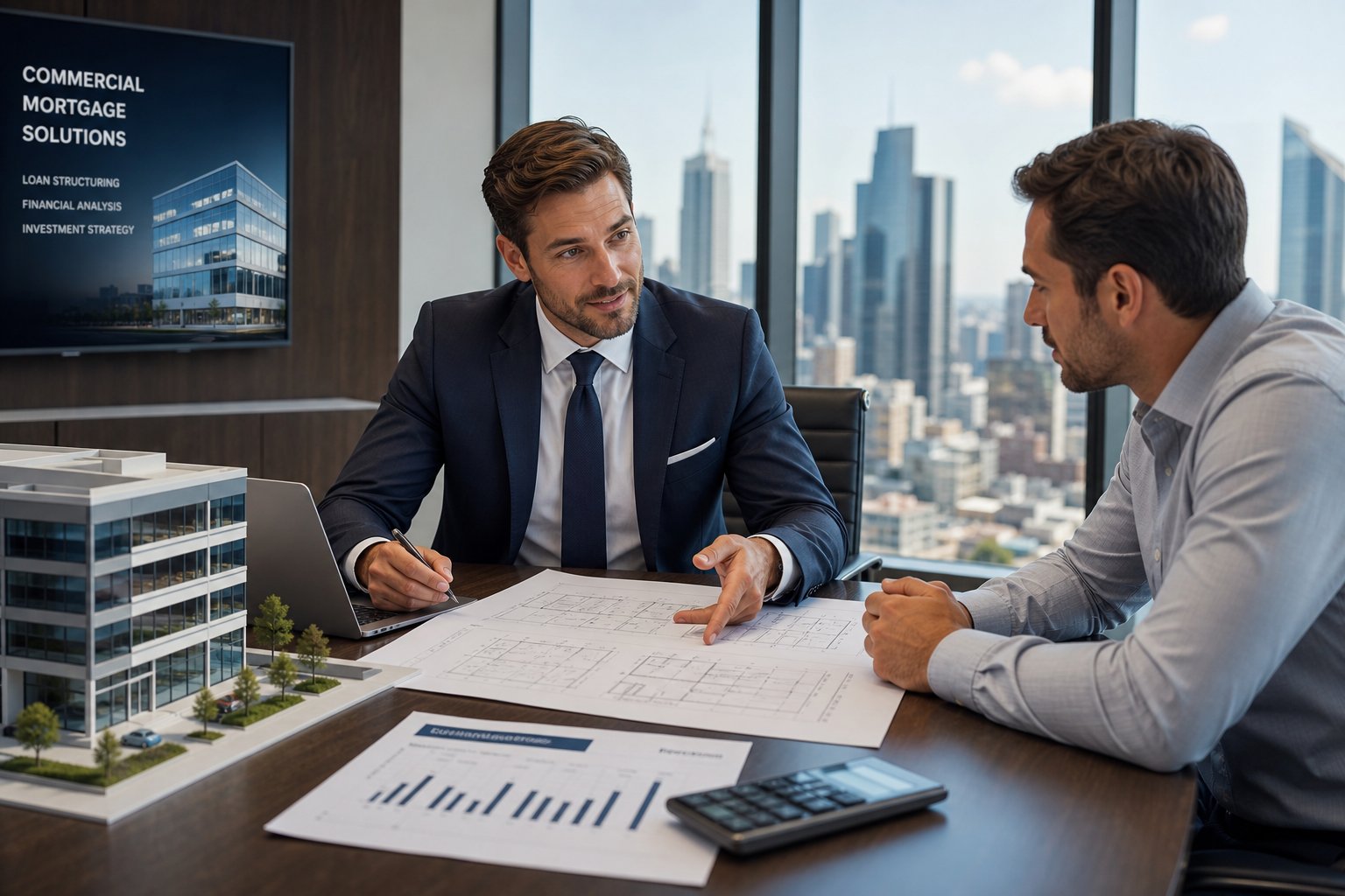 Professional commercial mortgage consultation in a modern office with city skyline views and commercial property planning materials.