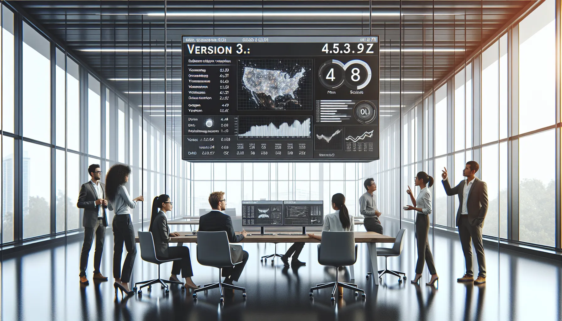 IT professionals discussing software versioning in a modern office.