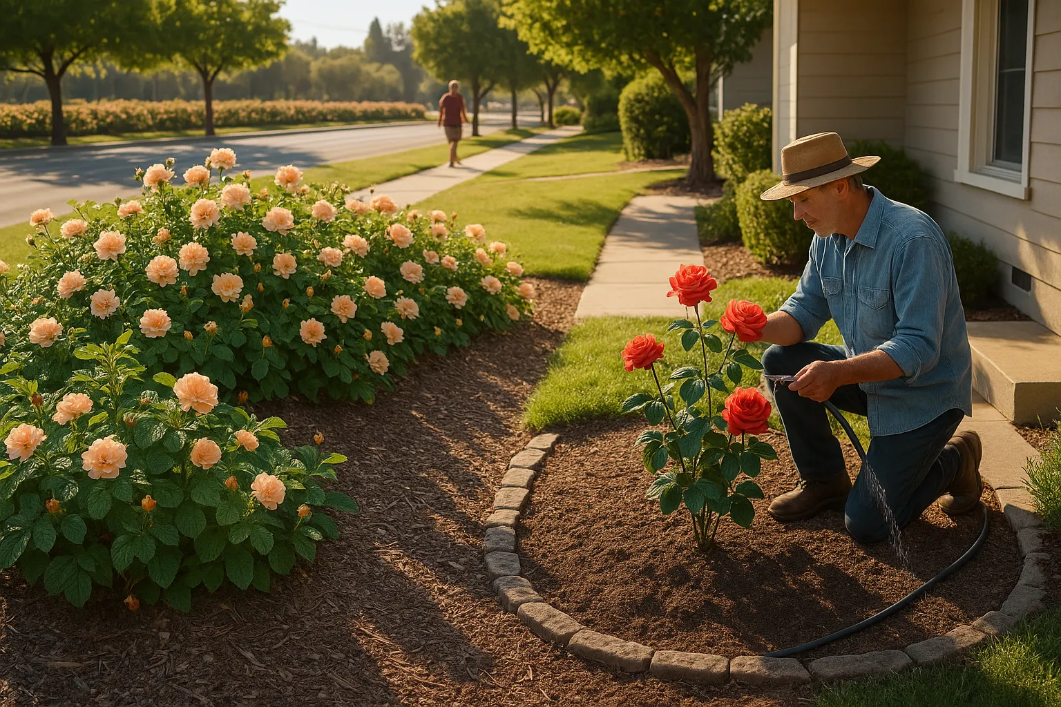 Drought-tolerant shrub roses on a slope with hybrid teas near a house.