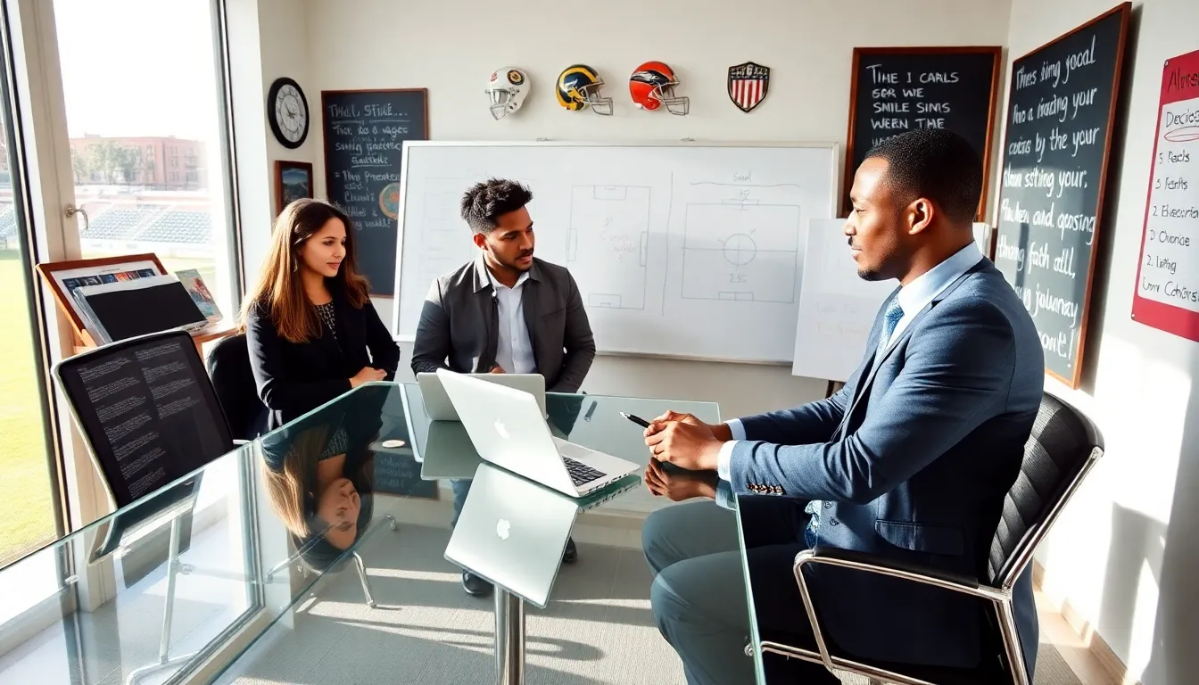 young football manager strategizing with diverse coaching team in modern office.