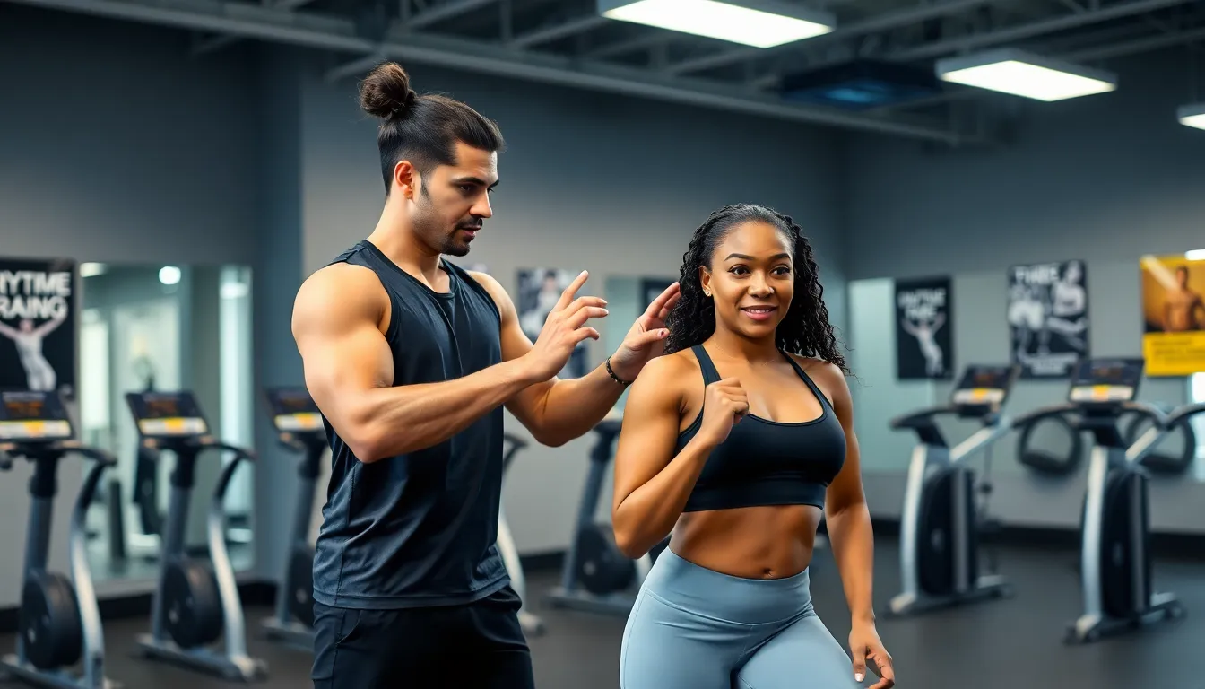 personal trainer assisting a client in a modern gym setting.