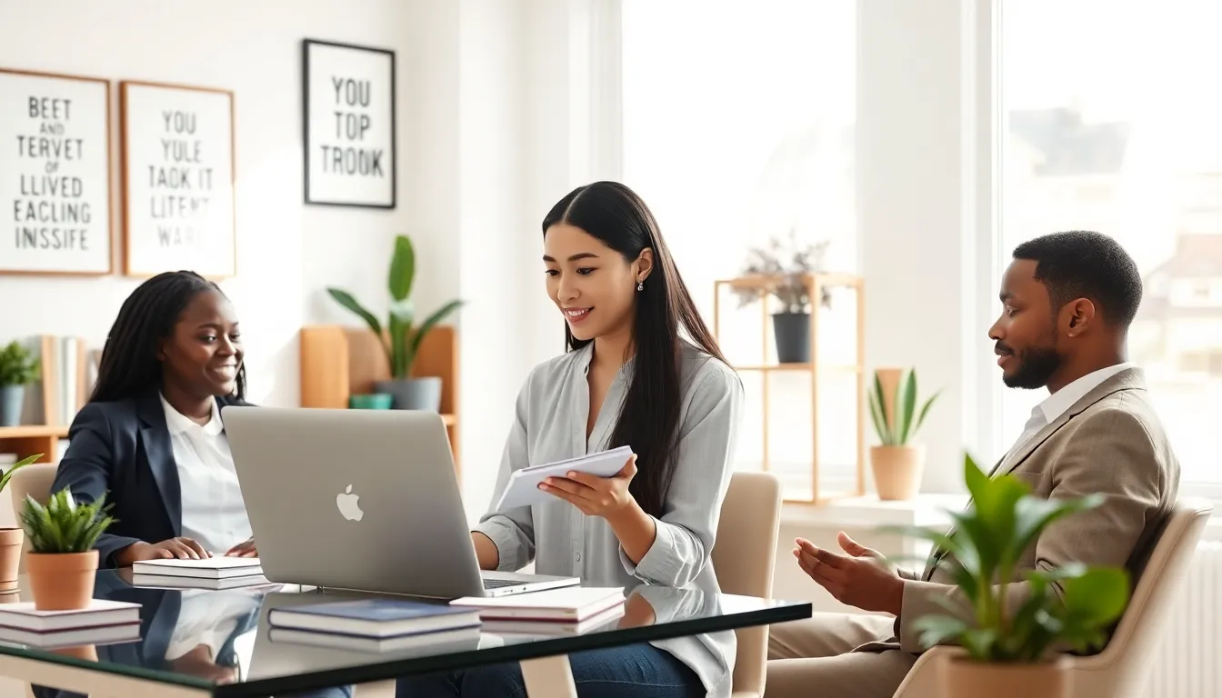 diverse group in a modern office discussing online doctorate programs.