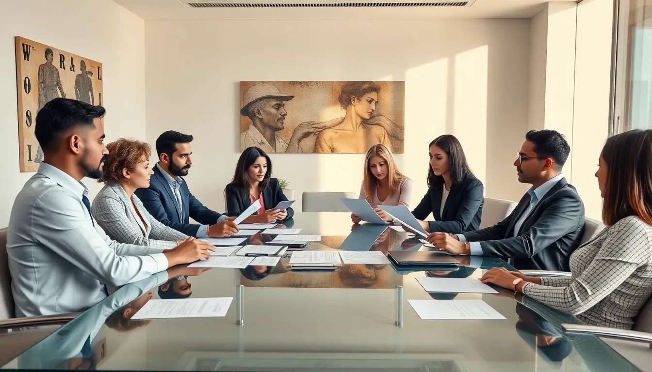 diverse professionals discussing adult content industry in a modern office.