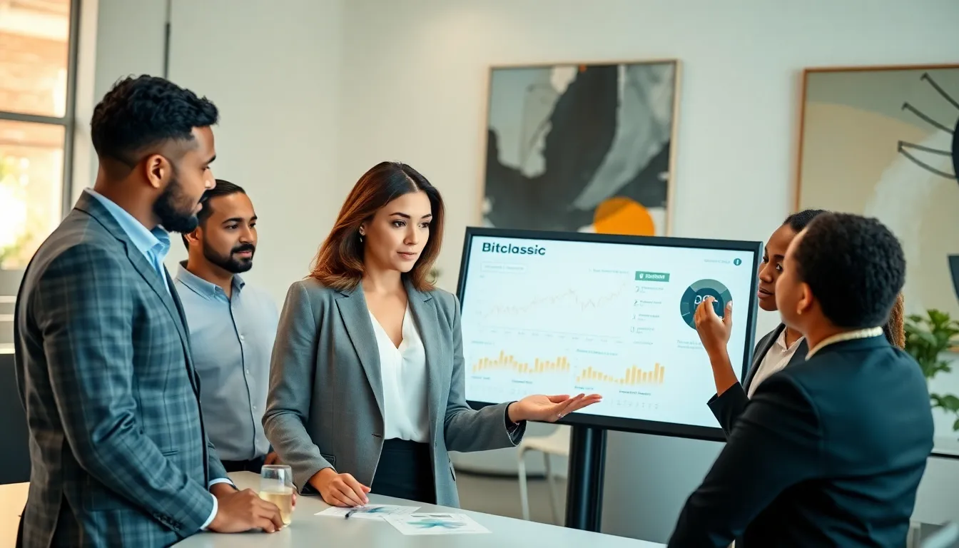 Rebecca Applewhite and team discussing cryptocurrency in a modern office.