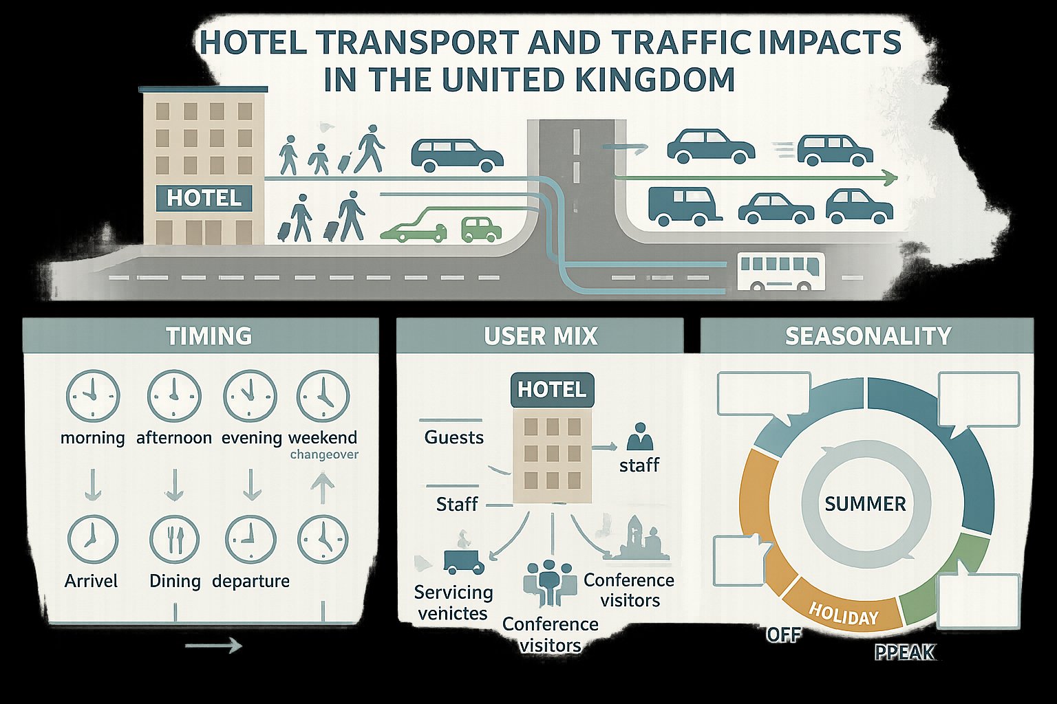 Infographic showing hotel traffic patterns, transport types, and seasonal variation in the UK.