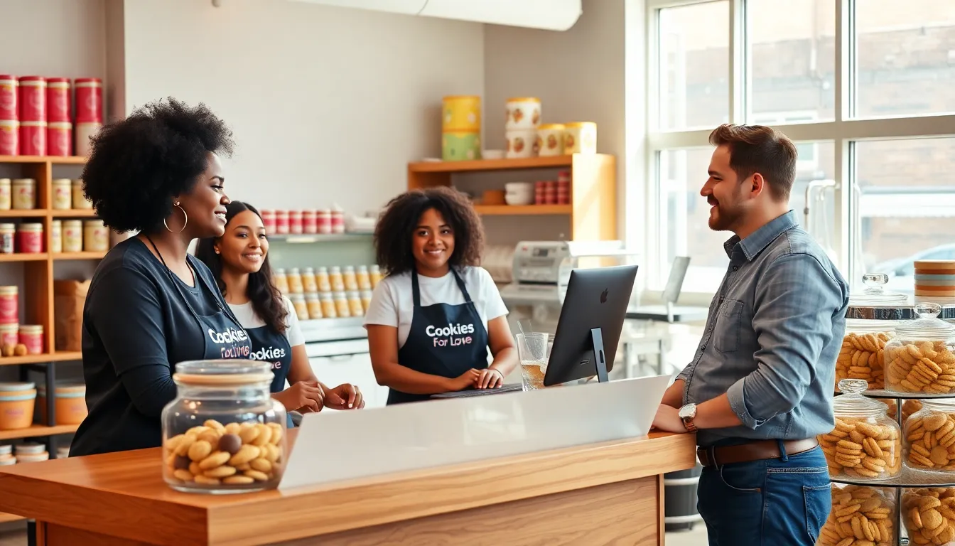 friendly team in a bakery discussing cookie inquiries.