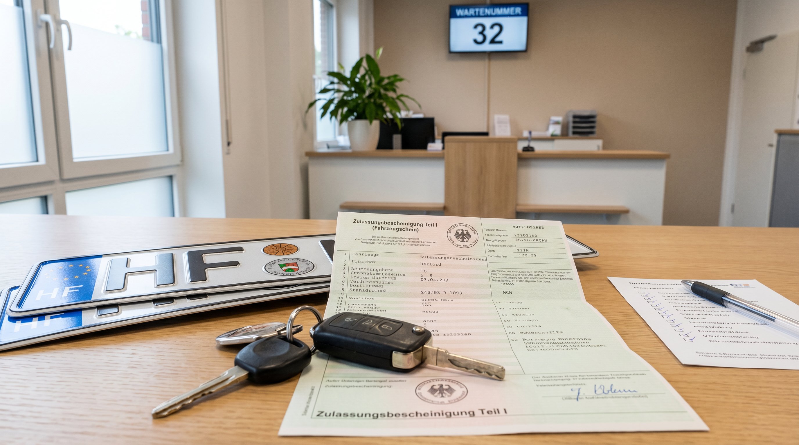 German vehicle registration documents and license plates on a desk at a municipal office.