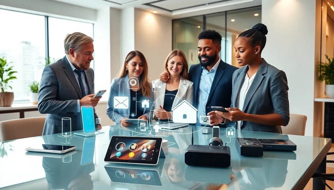 professionals discussing interconnected gadgets in a modern workspace.