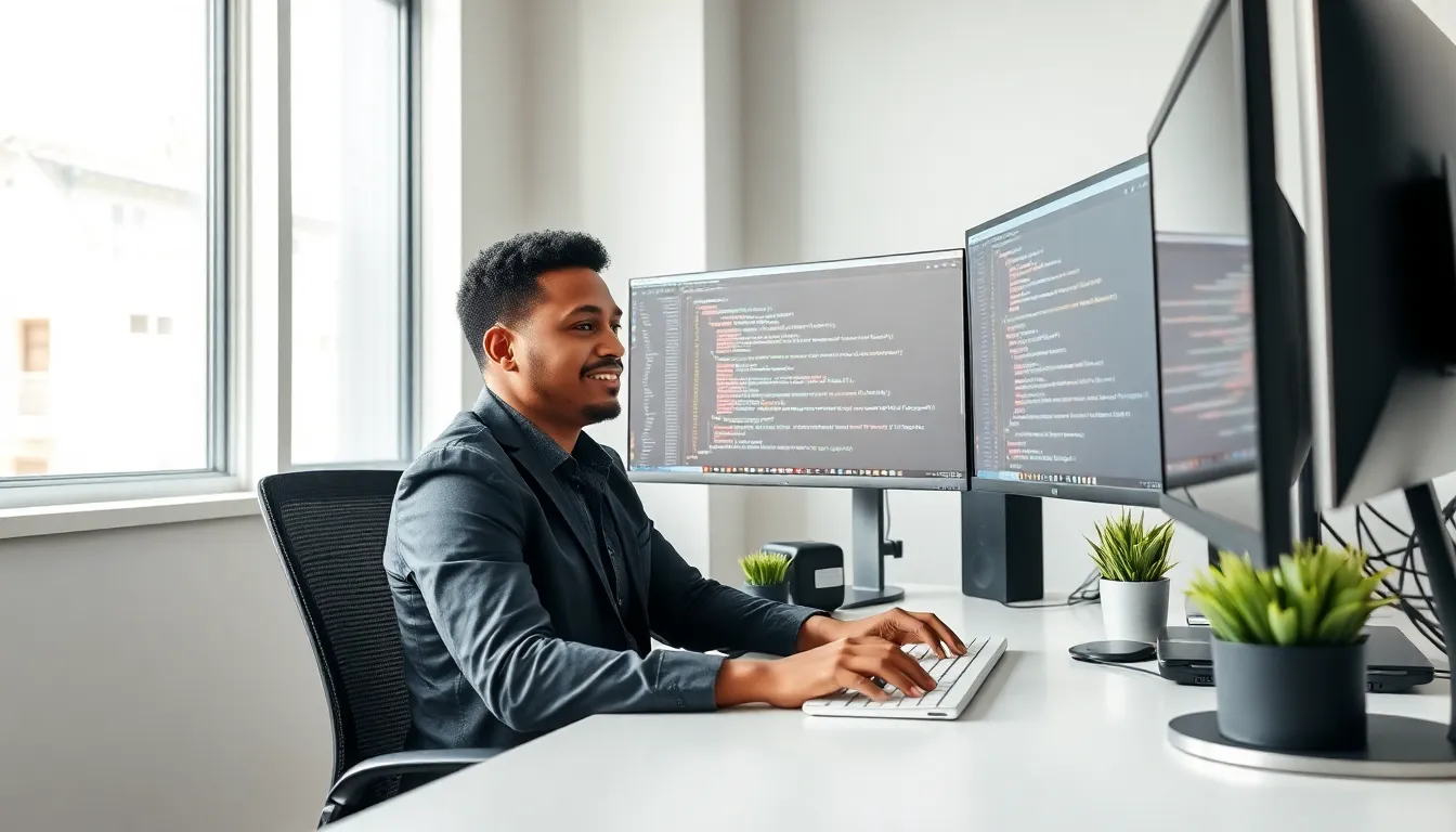 developer coding in C++ about file streams at a modern workspace.