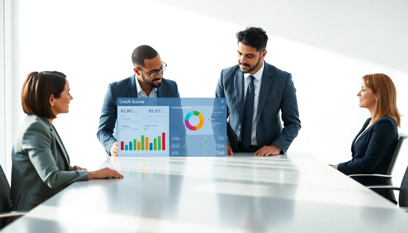 diverse team analyzing credit scores in a modern office.