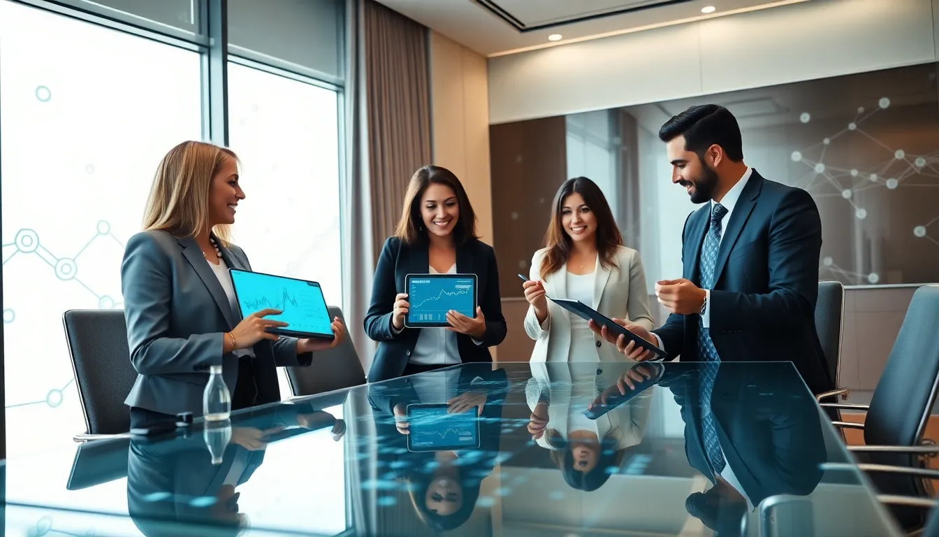 diverse finance professionals discussing blockchain technology in a modern office.