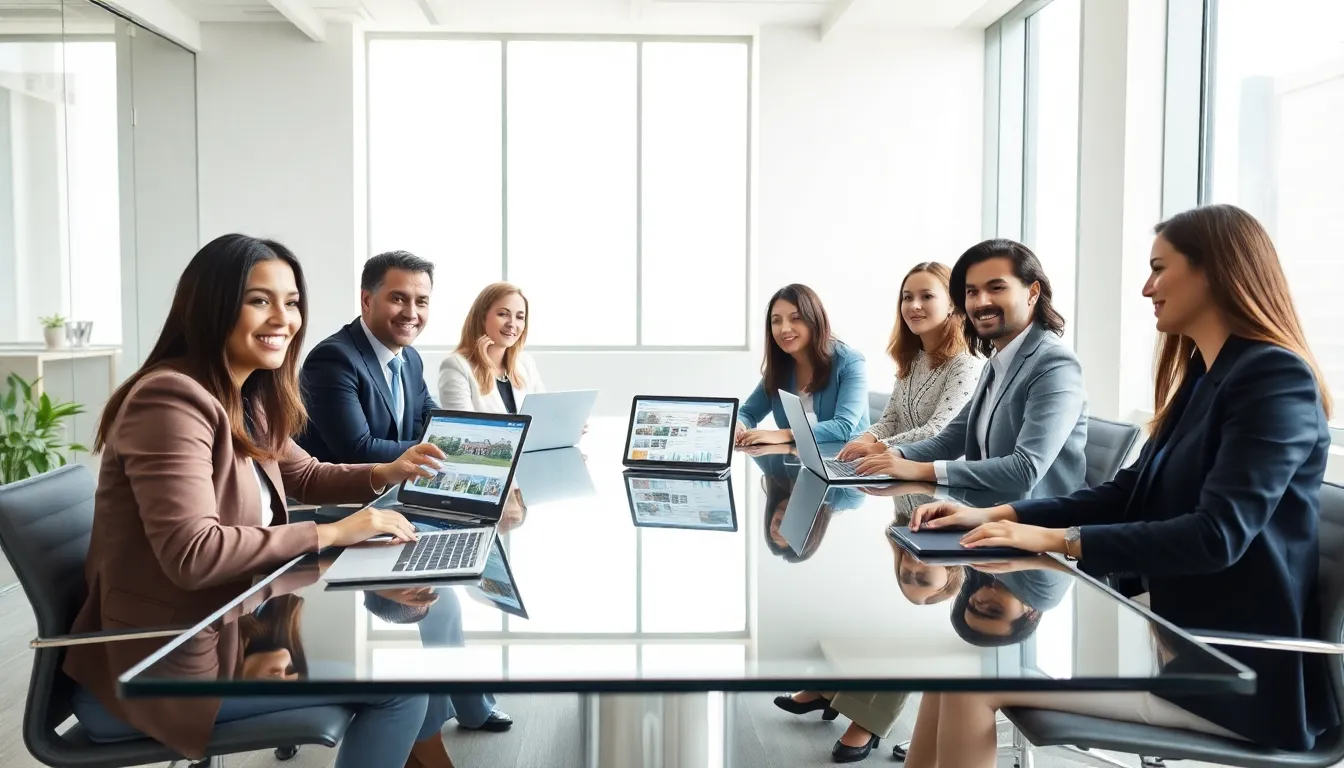 diverse real estate team collaborating in a modern office setting.