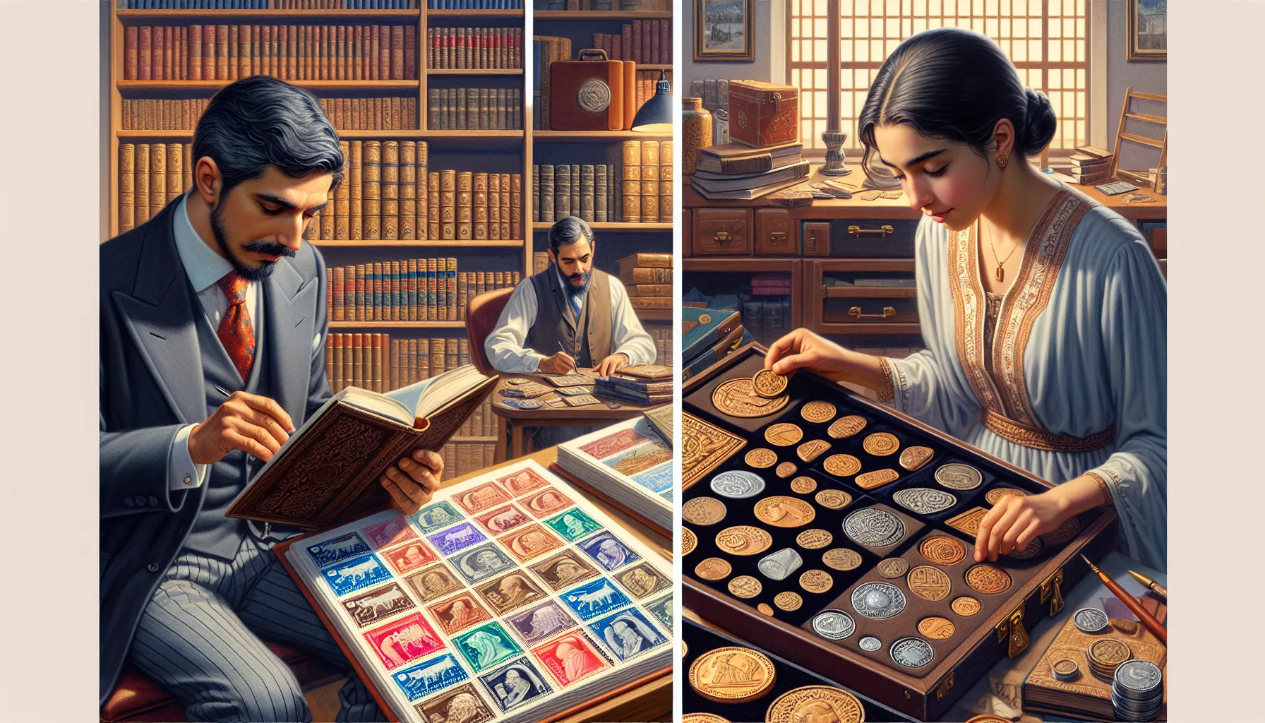 A stamp and coin collector showcasing their collections side by side indoors.