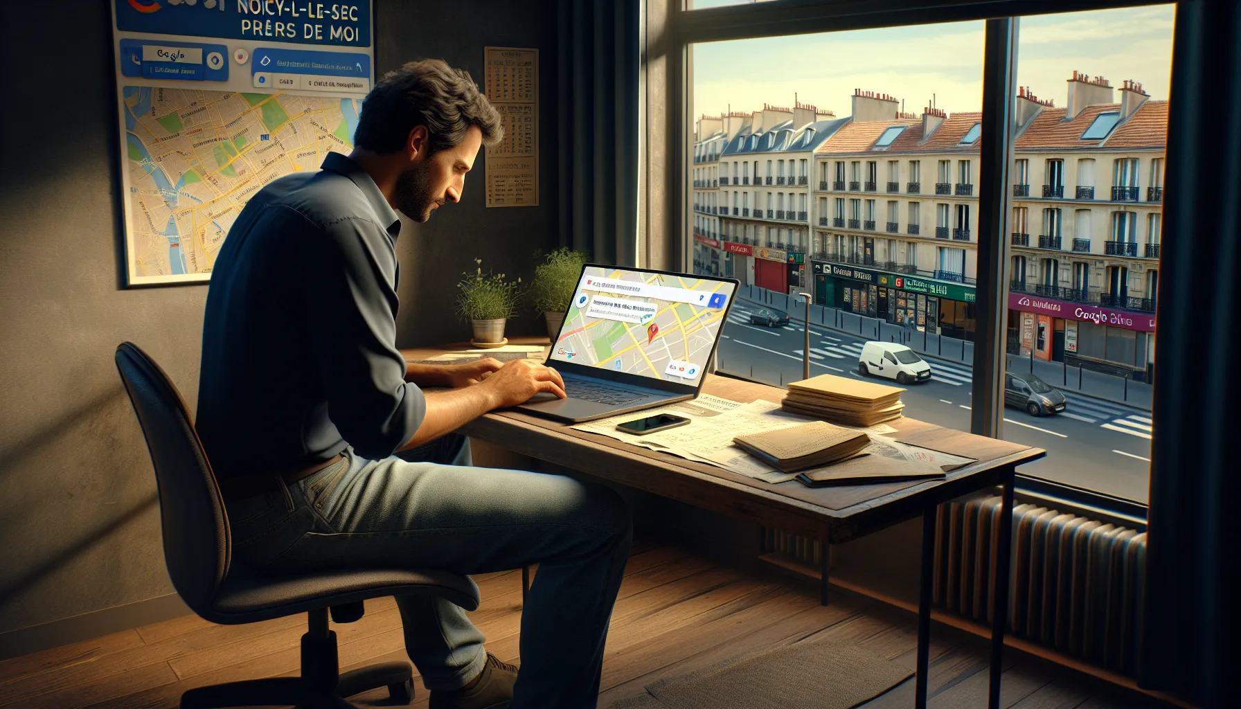 French small business owner studying Google local search results for Noisy-le-Sec.