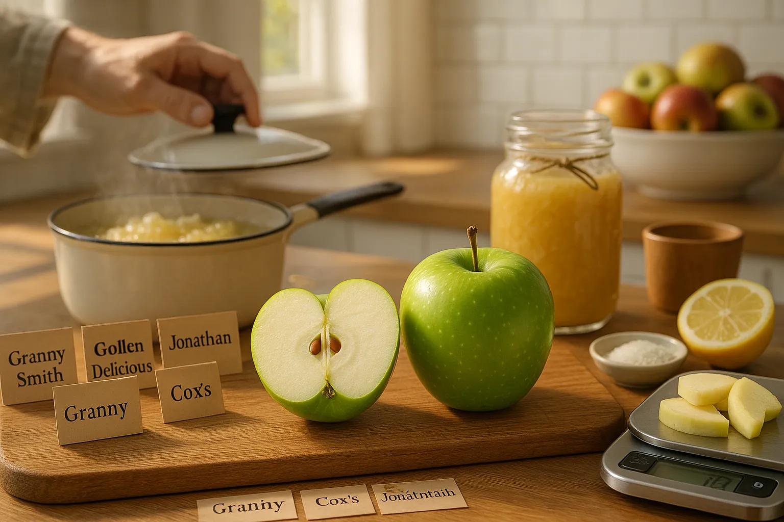Granny Smith apple half and bubbling applesauce on a kitchen cutting board.