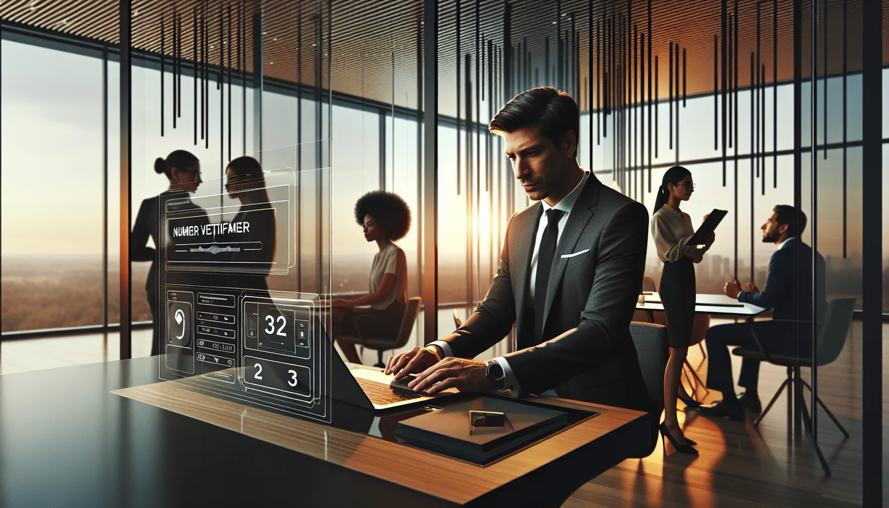 Professional verifying a phone number in a modern office setting.