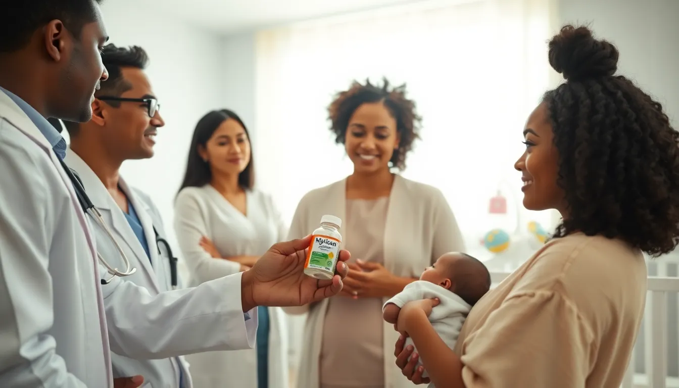 pediatrician discussing Mylicon with a mother in a nursery.