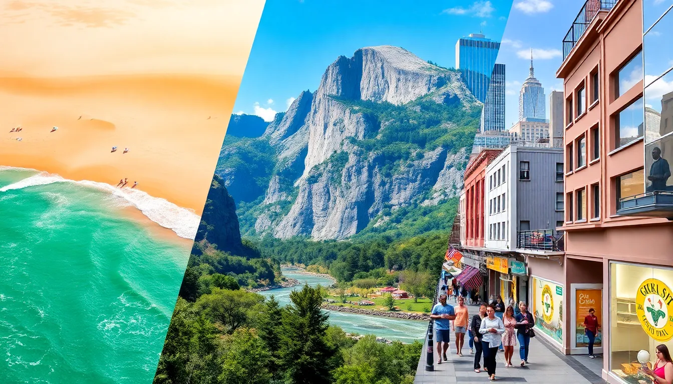 collage of popular vacation spots in the US including beach, nature, and city.