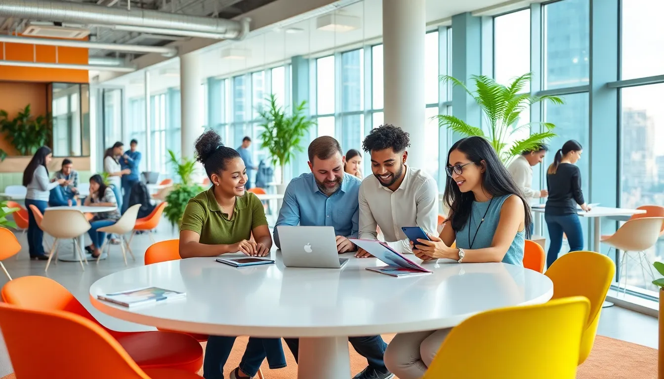 diverse team collaborating in a modern Miami coworking space.