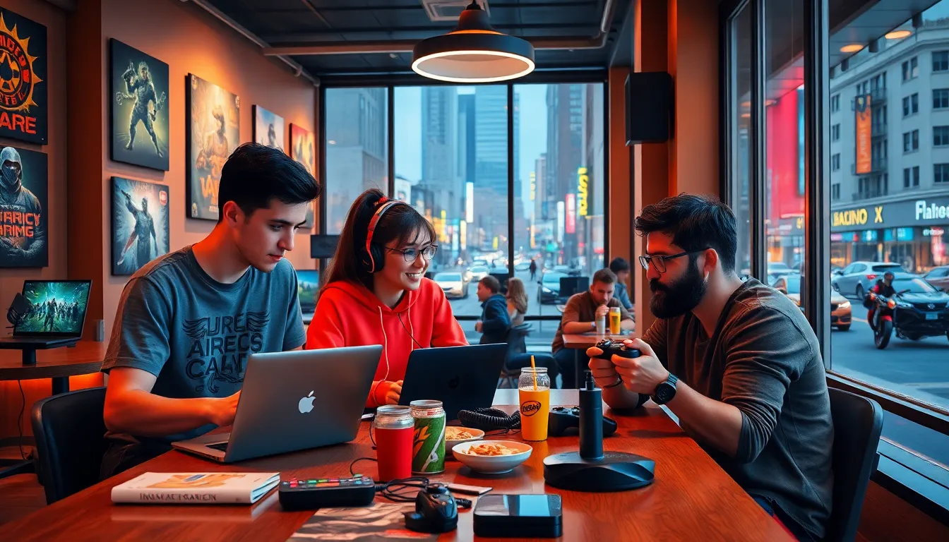 a diverse group of gamers enjoying a gaming session in a cozy café.