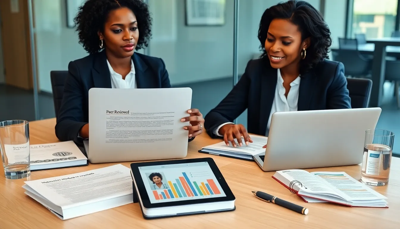 Executive pointing to peer-reviewed report and laptop in modern conference room.