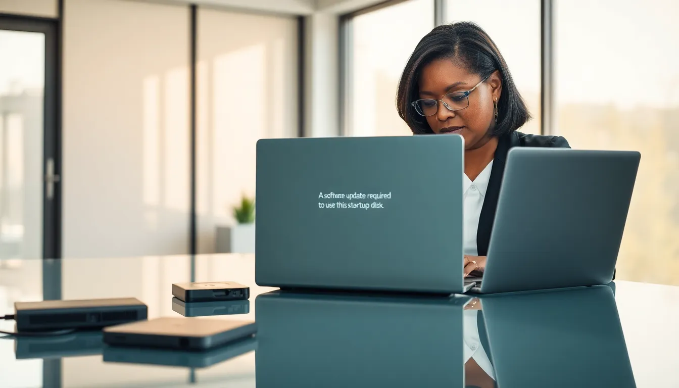 IT technician troubleshooting a laptop error in a modern office.