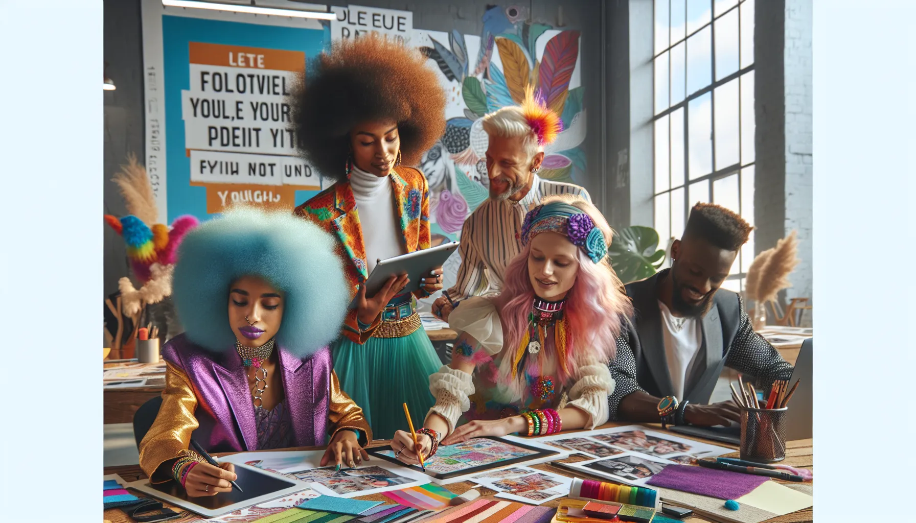 diverse young adults collaborating in a creative workspace.