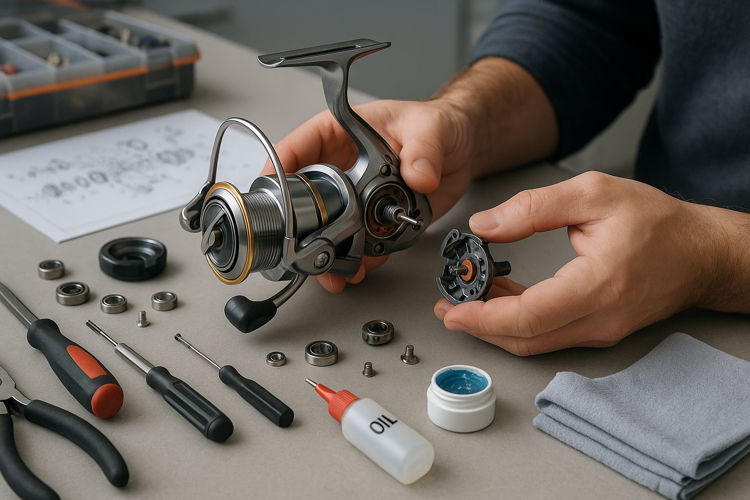 Person inspecting a noisy fishing reel on a clean workbench.