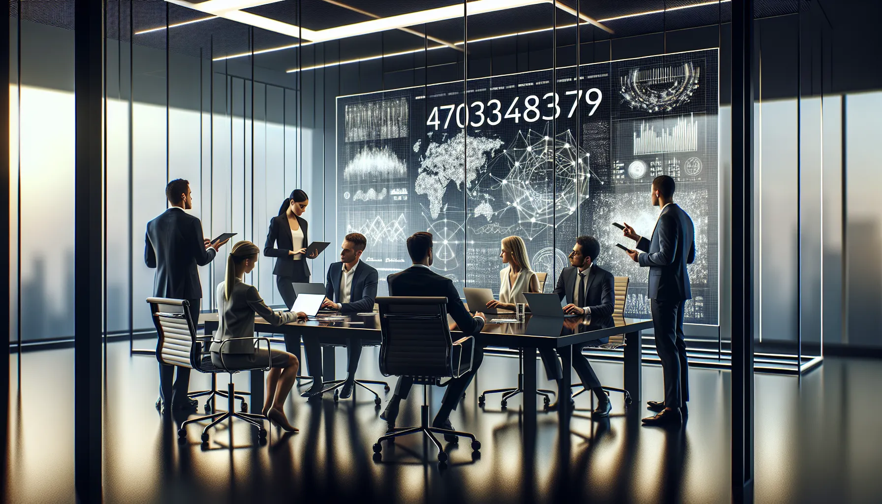 diverse team discussing data in a modern office setting.